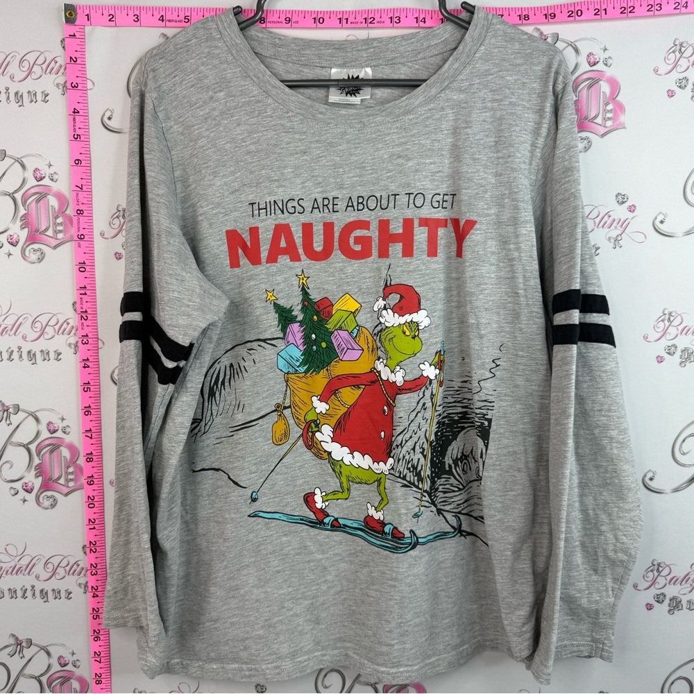 The grinch long sleeve Gray Grinch 'Things Are About to Get Naughty' Holiday Tee